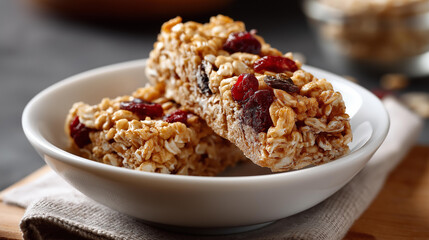 Close-up of broken granola bar over white bowl, oats dried berries and grains visible, highlighting natural texture, wholesome ingredients ideal for healthy eating, product