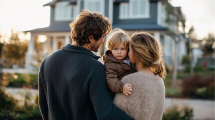 Fototapeta premium Happy family of three dressed casually, standing in front of suburban house with yard, parents embracing child in brown jacket, sunset moment outdoors, residential setting,