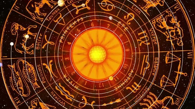 Detailed astrology zodiac wheel with golden sun center and black background for horoscope predictions