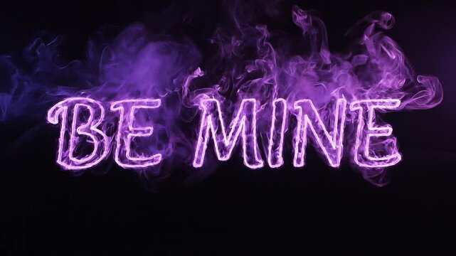 Vibrant purple smoke art elegantly forms the romantic phrase be mine against a stark black background creating a mystical and captivating visual texture perfect for love themes.