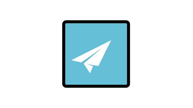 Blue Send Icon animation. Blue square button with paper plane icon for telegram messaging, social media sharing, and communication.