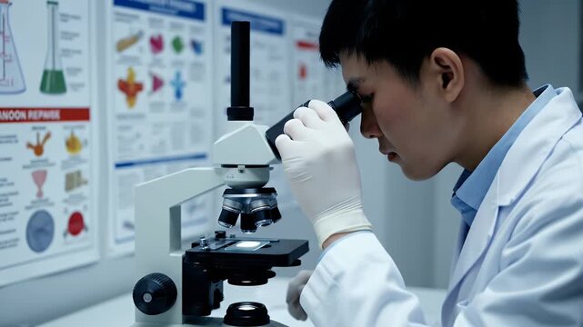 Asian Man Examining Sample on Microscope in Laboratory for Medical Research and Experimentation in Scientific Setting