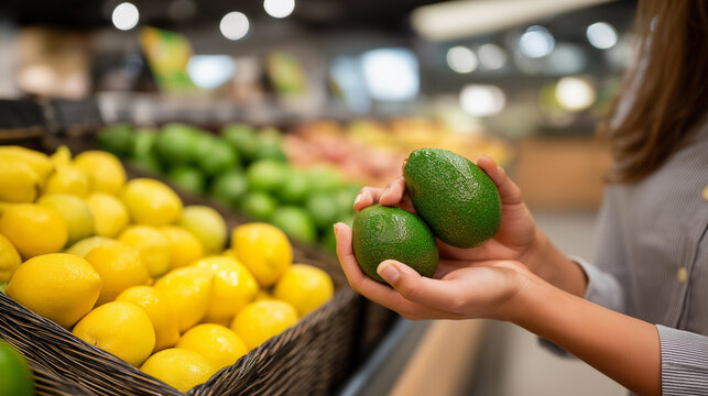 Hand holding ripe avocado in supermarket fruit section, neatly arranged lemons apples and limes in background, highlighting healthy eating, conscious grocery choices, faceless