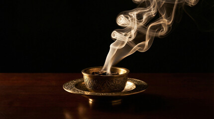 Incense smoke rising from ornate bowl on dark wooden background for Ramadan  
