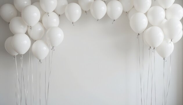 White Balloons Arranged Elegantly Against Plain White Wall for Celebratory Decoration
