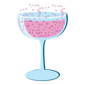 Retro wide pink champagne glass vector illustration in flat style. Festive cabaret drink on an isolated background. New Year's sparkling wine or proseco in a vintage coupe.