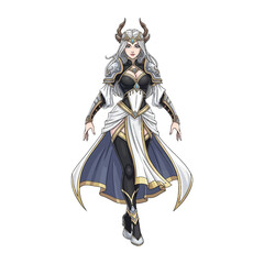 Fototapeta premium Full-body illustration of a female warrior character with a horned helmet and armor against a white background.