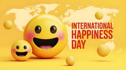 A joyful depiction of international happiness day with happy emojis on a world map