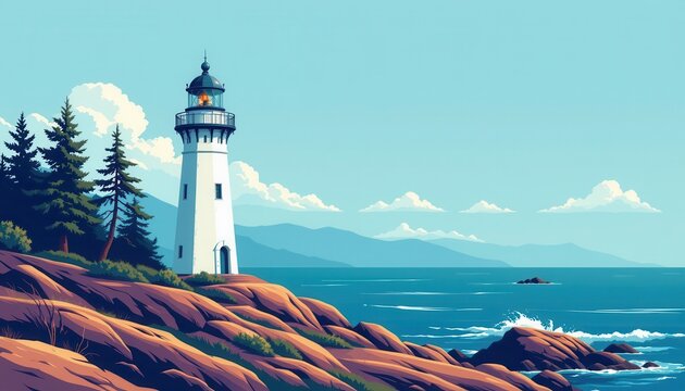Luminous Lighthouse by the Sea with Rocky Shoreline and Calm Waters in Bright Daylight