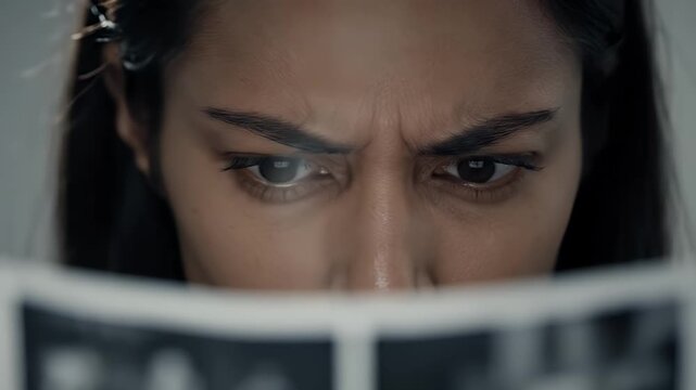 Close-up Portrait of a Young Woman with Concentrated Expression Analyzing Crime Scene Photos in a Dimly Lit Room