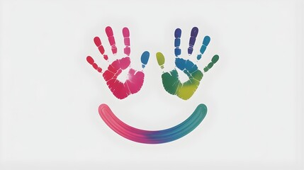 Vibrant and colorful handprint smiley face representing joy and creativity on a white background