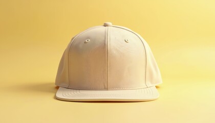 Fototapeta premium Neutral color baseball cap mockup centered on a plain yellow background. Features a smooth crown and brim, perfect for custom designs and branding.