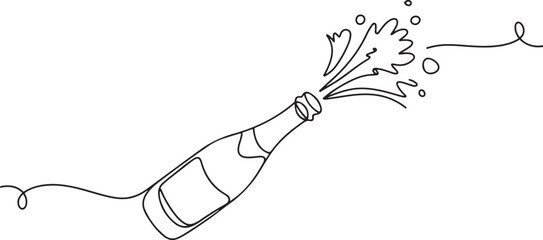 champagne bottles with cork shooting. One line drawing of an isolated vector object, one line Art icon drawing vector © MDROBIUL