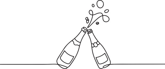 champagne bottles with cork shooting. One line drawing of an isolated vector object, one line Art icon drawing vector © MDROBIUL