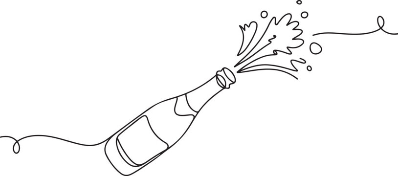 champagne bottles with cork shooting. One line drawing of an isolated vector object, one line Art icon drawing vector