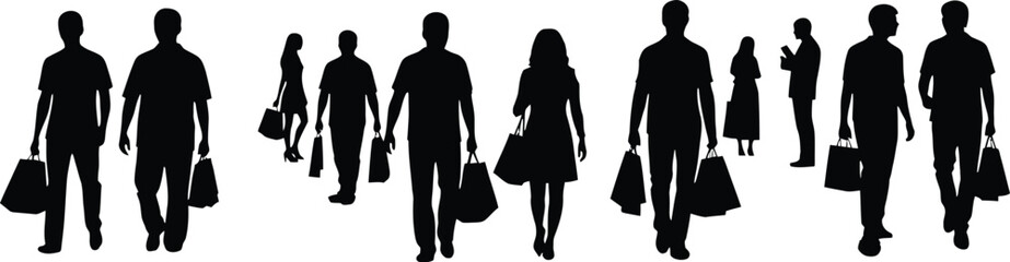 Silhouettes of diverse people carrying shopping bags representing consumerism and retail activity isolated on a white background