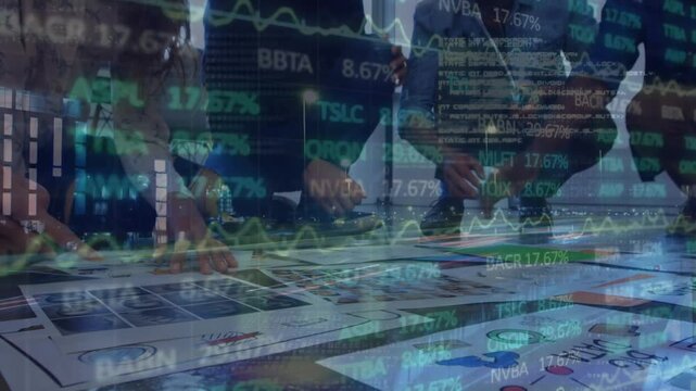 Animation of stock market data processing over mid section of colleagues discussing over a plan