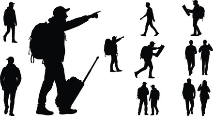 Silhouette collection of travelers with backpacks and luggage pointing direction and walking flat vector design for travel and adventure concepts