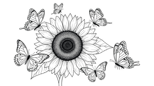 Detailed black and white line art of a sunflower in full bloom surrounded by five butterflies in various stages of flight.