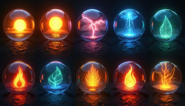 Glass spheres contain elemental forces like sun, lightning, fire, and leaf. Each orb displays nature energy and atmospheric phenomena. These orbs show diverse environmental elements.