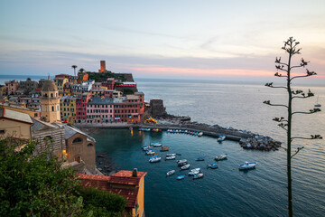 Fototapeta premium View of Vernazza village at sunset. Popular tourist destination in Cinque Terre National Park a UNESCO World Heritage Site, Liguria, Italy.