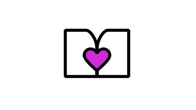 Book Love icon animation. Open book icon with purple heart representing education passion, literature love, and creative learning.