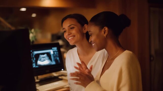 Healthcare professionals review a fetal ultrasound scan displaying ongoing baby development, emphasizing prenatal screening, medical accuracy, and fetal wellbeing. cinematic color correction,