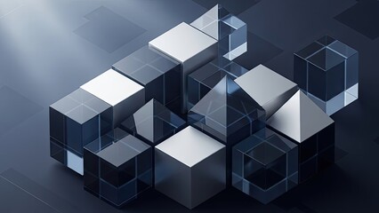 Obraz premium Abstract Geometric Cubes and Prisms with Metallic and Glass Surfaces