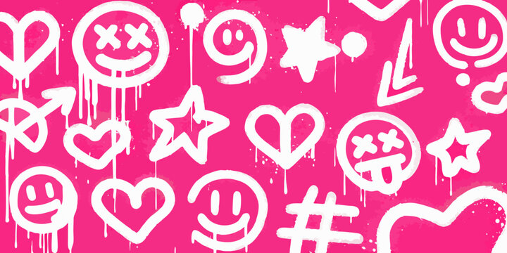 Pink background with spray painted emoticons hearts stars and other doodles