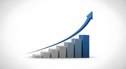 Increasing business growth chart with blue arrow and bars on white background