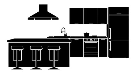 Modern Kitchen Silhouette With Island And Appliances.