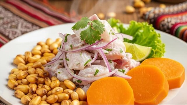 Vibrant peruvian cuisine display with fresh ceviche and colorful ingredients