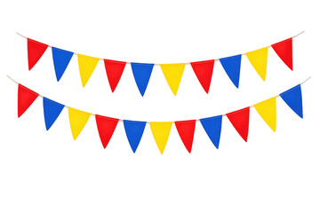 Obraz premium Colorful party pennants strung across transparent background, celebrating festive events and carnival decorations
