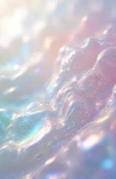 Abstract iridescent surface with soft pastel colors, waves, and light reflections. Smooth, glossy texture with subtle shimmer, ideal for beauty or fantasy themes.