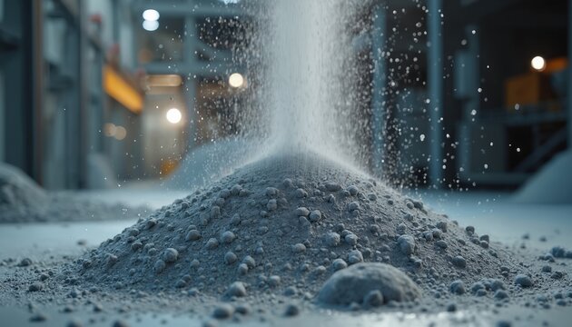 Gray cement powder pours into pile in factory. Fine dust particles fly in air, creating pattern. Industrial production, building material manufacturing close up.