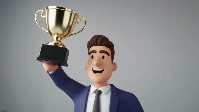 Animated corporate businessman holding a shiny trophy above his head in victory