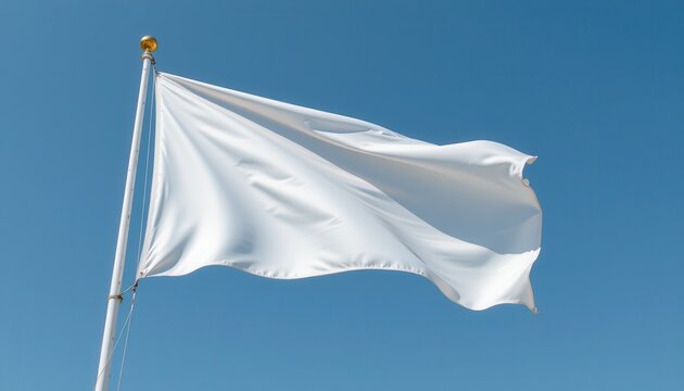 White Flag Waving Against Clear Blue Sky Symbolizing Peace, Surrender, or Truce in Nature