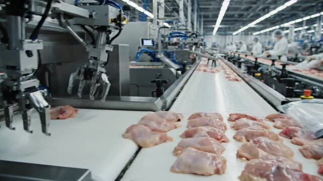Industrial poultry line with robotic arms processing raw chicken on a conveyor in factory. Fast pace