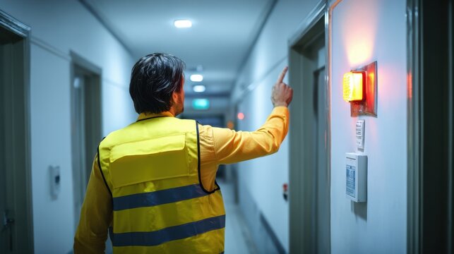 Medium shot of a compliance inspector reviewing fire exit signage and emergency lighting in a modern apartment complex during a routine safety audit