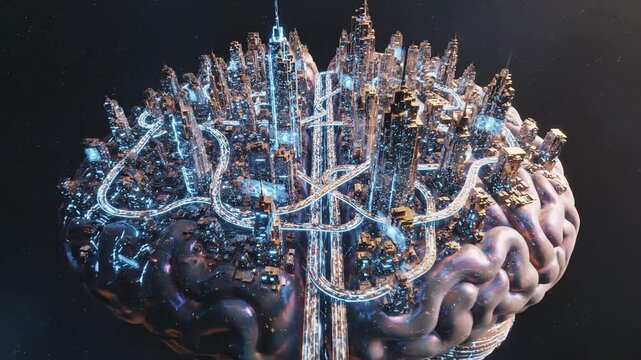 Futuristic cerebral metropolis with glowing pathways and advanced structures symbolizing intellect
