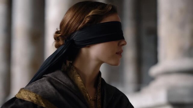 Law and ethics are visually expressed through blindfolded justice, reinforcing accountability, neutrality, and moral responsibility. cinematic color correction, natural uneven lighting yet gentle