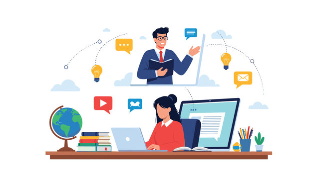 E-learning concept with a teacher appearing on a laptop screen while a female student studies at her desk with books.