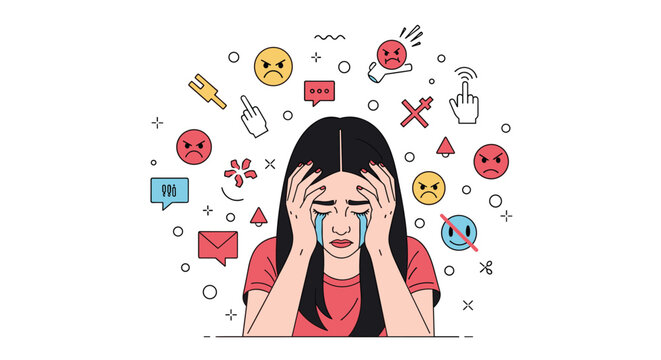 Young woman feeling overwhelmed and crying due to cyberbullying and negative social media comments around her.