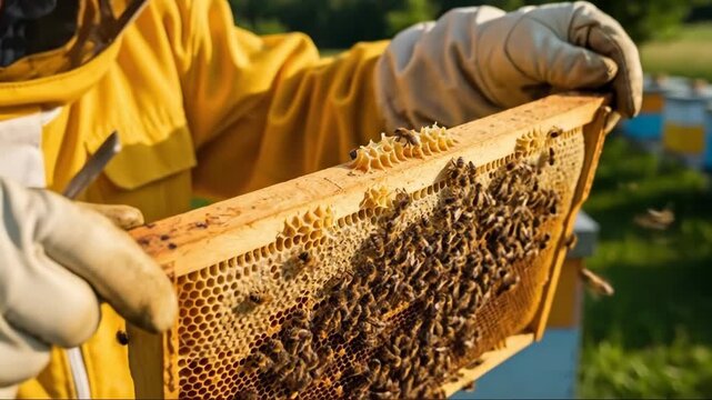 Beekeeper inspects honeycomb frame vibrant bees and hives in sunlit meadow