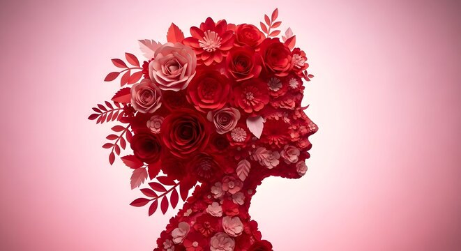 Profile of a woman's head formed entirely from vibrant red paper flowers and leaves.