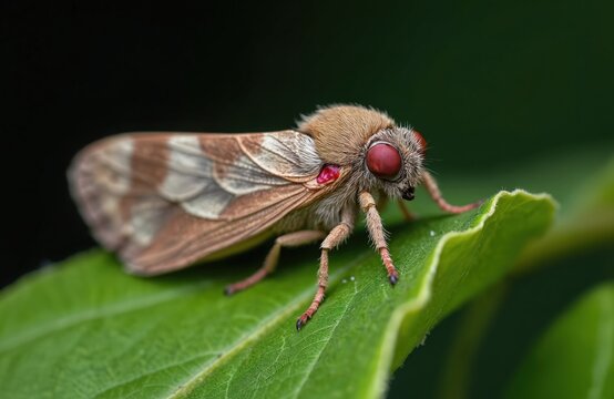 Furry moth with large red eyes rests on a vibrant green leaf. Its patterned wings display brown and cream stripes. Small insect poses on plant during daylight.