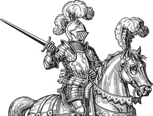 Obraz premium Medieval knight in full armor riding horse with raised sword and decorative plumes