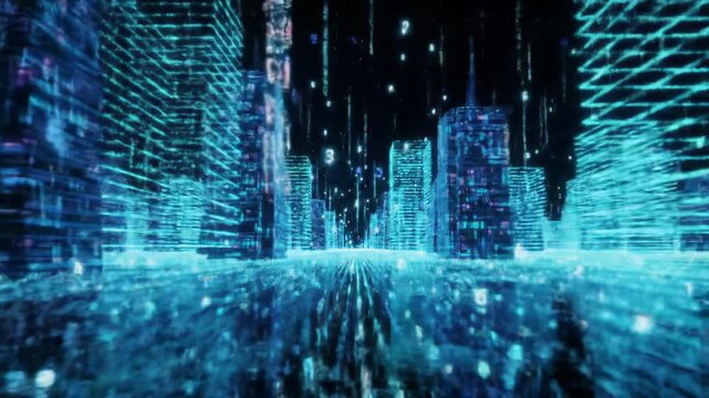 A smooth forward tracking video through an expansive futuristic digital cityscape at night, glowing neon wireframe buildings reflecting on the ground. Immersive high-tech cyberspace concept
