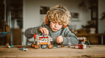 little boy playing with toy car building robot