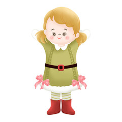 Adorable little girl in winter outfit with hot cocoa and Christmas elements